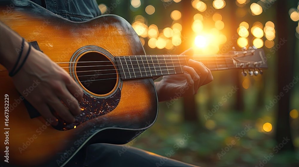 Obraz premium Acoustic guitar melody at sunset evoking emotions and nostalgia in a serene landscape creating a