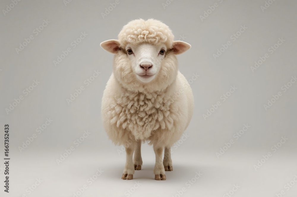 Fototapeta premium Fluffy sheep posing studio, grey background, farm animal portrait