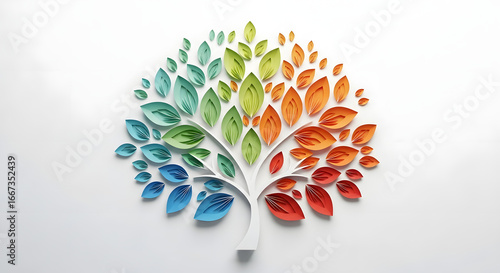 Conceptualization of a flourishing paper-cut tree showcasing gradients of vibrant colors, symbolizing growth and change in harmony with the seasons, radiating a sense of vitality and ecological