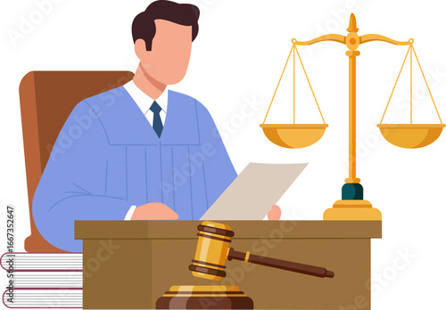 A judge at his bench with a gavel and scales of justice. This flat vector illustration symbolizes the law, judicial system, and courtroom proceedings
