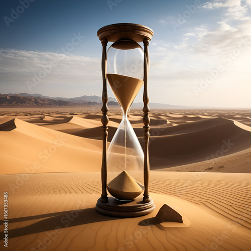 A huge hourglass in the desert symbolising the unavoidable finitude of the human race, concept