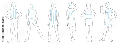 Boy body mannequin. Template for fashion sketch ideas of boy's clothing. Fashion design. Luxury outline vector illustration set