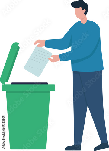A man discards a paper document into a green bin. This flat vector illustration represents recycling, waste disposal, cleaning, and decluttering
