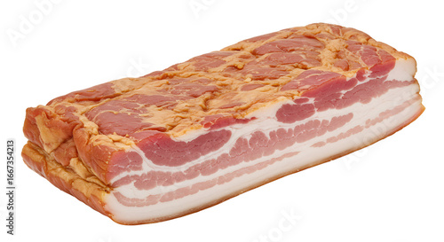 Block of bacon with visible layers of fat and meat on transparent background