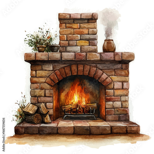 watercolor vector of Fireplace, isolated on a white background.