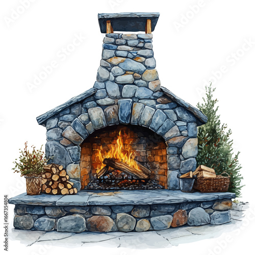Fireplace Glowing Warmth, watercolor drawing vector, isolated on a white background.