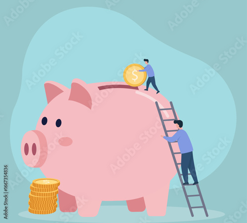 A flat vector illustration showing teamwork and effort in saving money. Two people collaborate to deposit a large coin into a giant piggy bank for future wealth