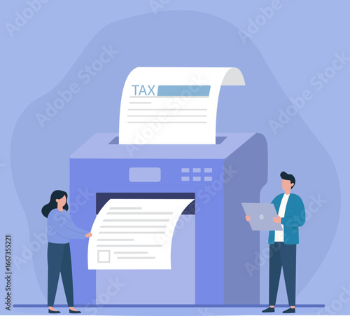 A team processes tax documents with a large machine, illustrating concepts of tax season, accounting, and financial administration