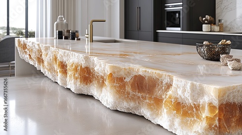 Luxurious kitchen island with natural stone countertop showcasing modern design elements