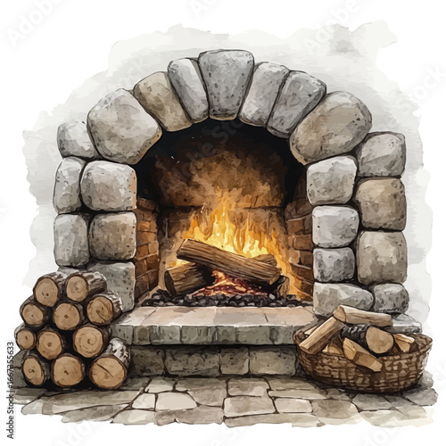 Fireplace Glowing Warmth, watercolor vector, isolated on a white background.