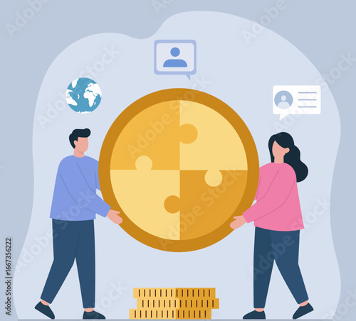 A team collaborates on a financial solution, piecing together a golden puzzle. It represents global teamwork, investment, and communication