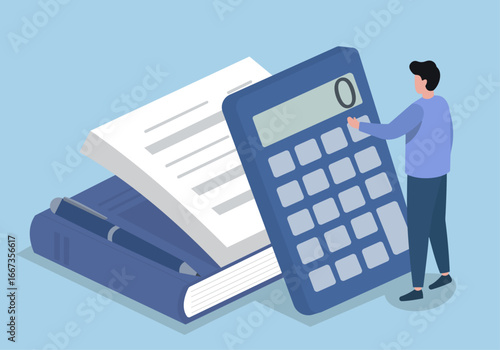 A man uses a giant calculator next to a book, symbolizing finance, accounting, and business calculations