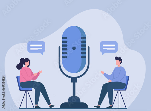A man and woman have a discussion for a podcast or radio show. A large microphone stands between them, symbolizing broadcasting and open dialogue
