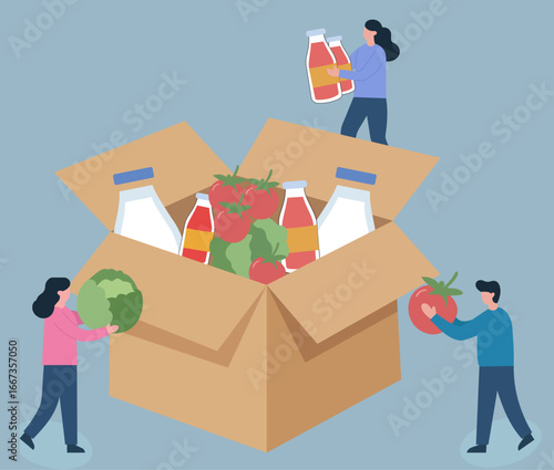 A flat vector illustration of volunteers packing a large charity box with food donations like fresh vegetables, milk, and sauces