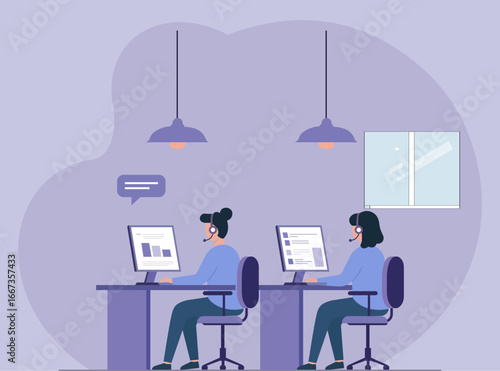 Two female customer service agents with headsets work at computers in a modern call center, providing online support and assistance