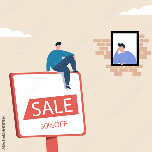 This illustration contrasts a man on a sale sign, representing opportunity, with another watching from a window, exploring themes of isolation and consumerism