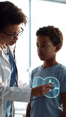 Dedicated Female Doctor in White Coat Using Stethoscope to Examine African American Boy with Heart Rhythm Graphic in Light Blue Shirt during Pediatric Consultation on Bright Background for Medical