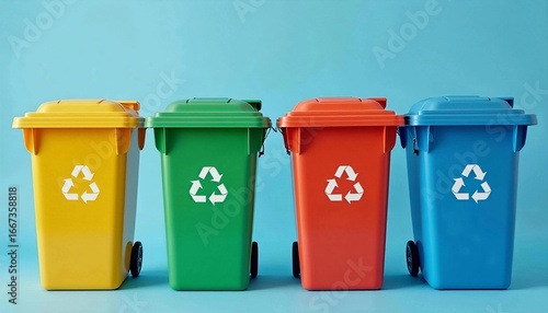 Four colorful recycling bins promoting waste sorting and environmental awareness