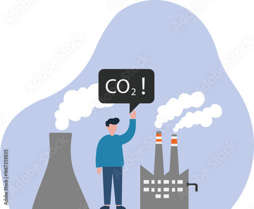A man protests against industrial CO₂ emissions. This illustration highlights issues of pollution, climate change, and the need for environmental awareness