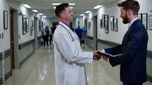 Doctor meets with executive in hospital hallway as they discuss patient care and management strategies