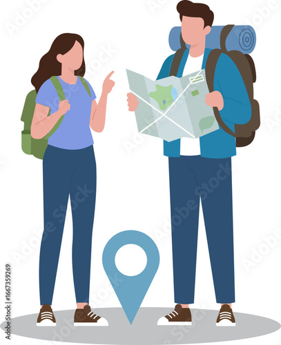A couple of travelers with backpacks consult a map to find their destination. This flat vector illustration represents tourism, adventure, and navigation