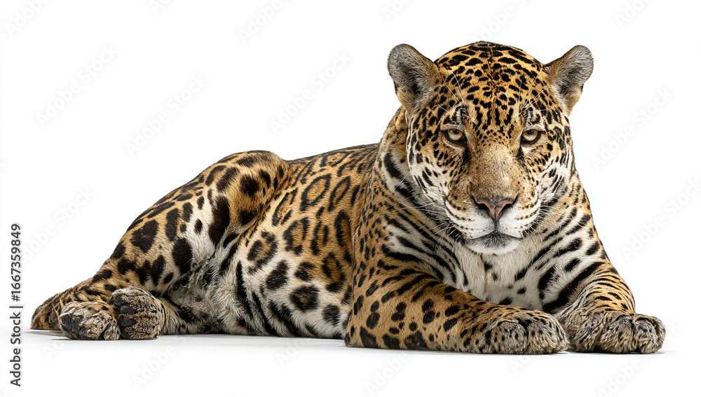 Naklejka premium Majestic jaguar lying down on a white background isolated on white background