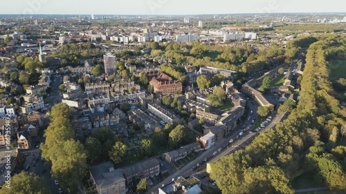 Cityscape with green park and buildings