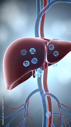 Highly Detailed 3D Render of Liver with Lesions and Vibrant Veins and Artery Illuminated on Soft Background Ideal for Medical Presentation and Educational Resources of Human Anatomy and Hepatic