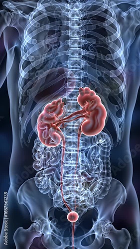 Illuminated Red Kidneys, Ureters, and Bladder in a Dynamic X-Ray Animation of the Human Torso Displaying Translucent Skeletal Structure and Digestive System Perfect for Medical Presentation