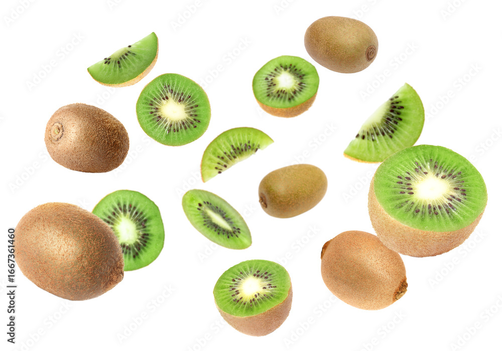 Fototapeta premium Tasty fresh kiwi fruits swirling in air against white background