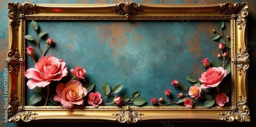 Tarnished gold photo frame, distressed edges, royal design, close-up, display