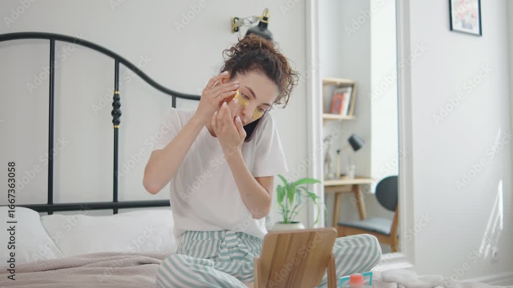 Woman applying skincare while on a phone call in a cozy bedroom during the afternoon Woman applying skincare while on a phone call in a cozy bedroom during the afternoon