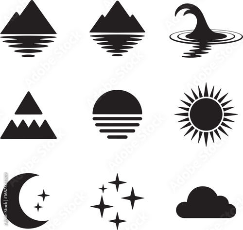 Collection of simple black and white nature and celestial icons