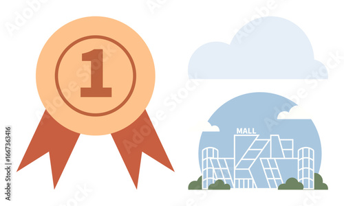 Number one award ribbon beside a modern shopping mall under cloudy sky. Ideal for achievement, success, business growth, retail, recognition, quality, advertising. Simple flat metaphor