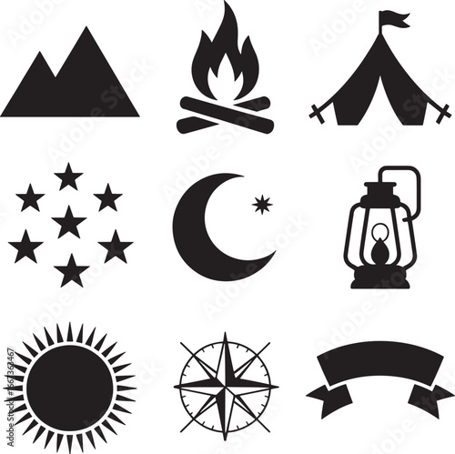 Camping and outdoor adventure icons for nature exploration and travel