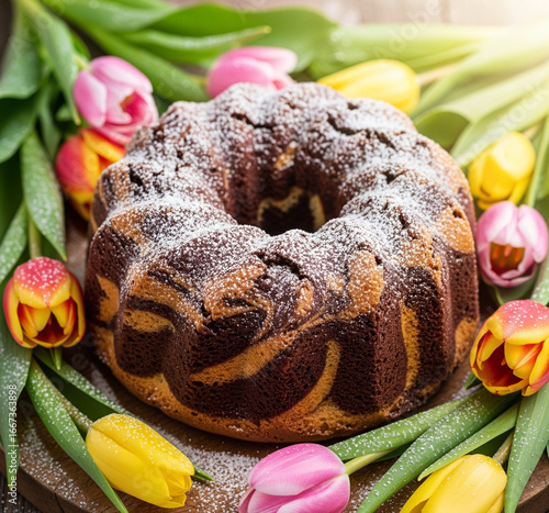 Festive Easter bundt cake with rabbit design and tulips ready for celebration
