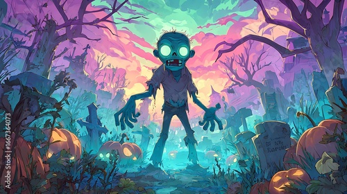 A cartoon zombie standing in a graveyard with pumpkins and a colorful sky at halloween night halloween art