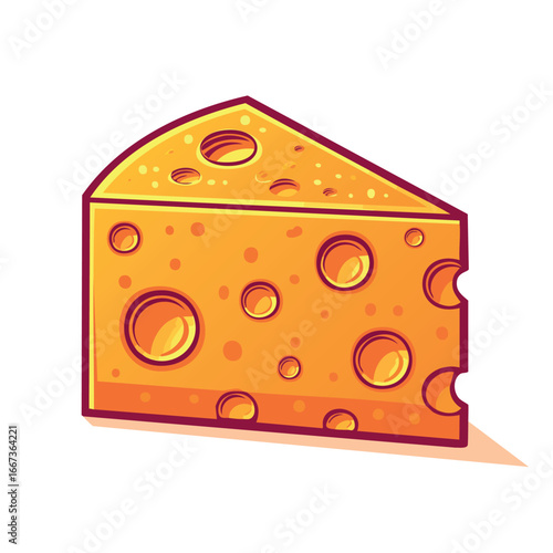 A vibrant and fun cartoon illustration of a Swiss cheese wedge with visible holes and texture, isolated on a white background