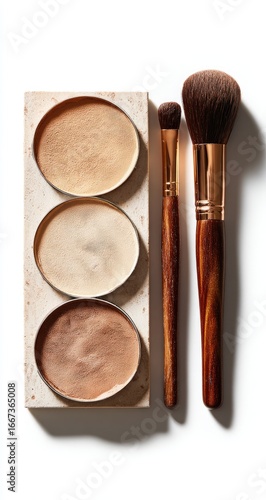 Makeup palette, brushes, studio shot, white background, beauty tutorial (1)