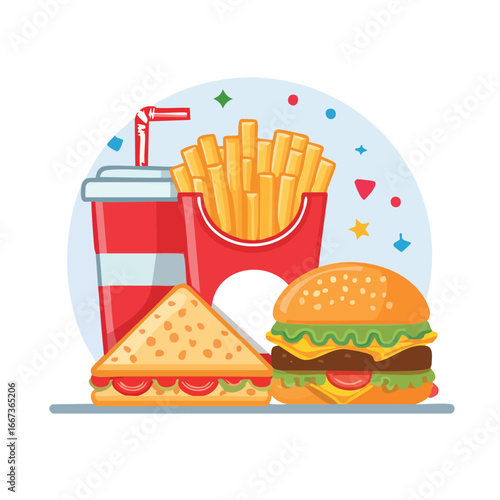 Colorful flat vector illustration of a fast food combo meal with a burger, fries, and sandwich. Brightly colored icons perfect for a snack or lunch menu design