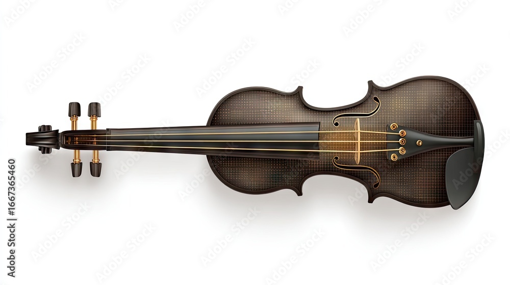 Fototapeta premium Top view of a dark violin with gold accents.