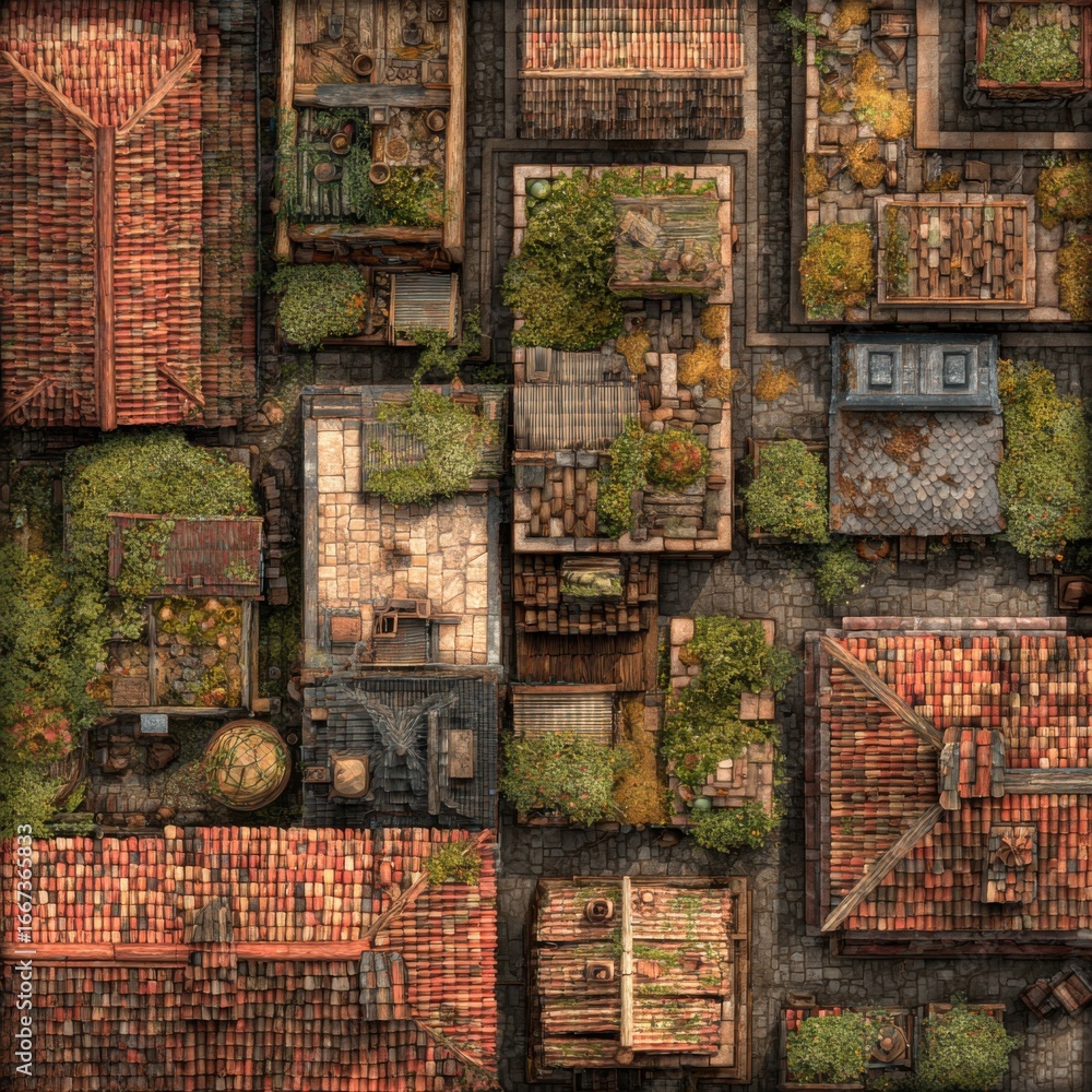 Fototapeta premium Aerial view showcasing a variety of terracotta rooftops in vibrant colors.