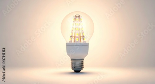 A close up shot of a glowing led light bulb with a clear glass cover on a light beige background space