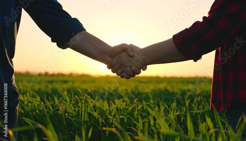 Farmers shaking hands in a field at sunset