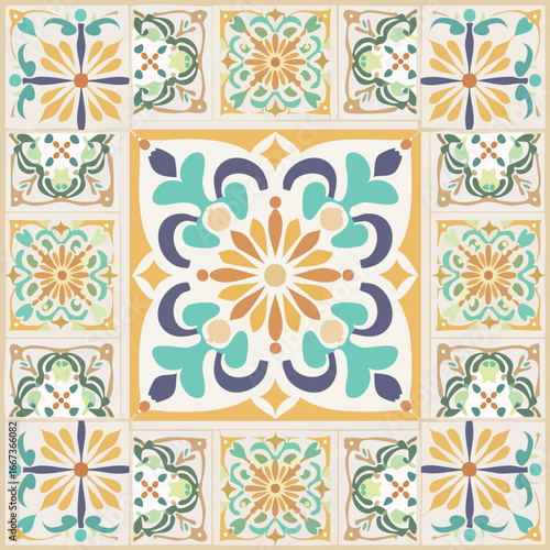 Seamless porcelain tile with indigo, brown, and blue simple floral art decor for floor and wall