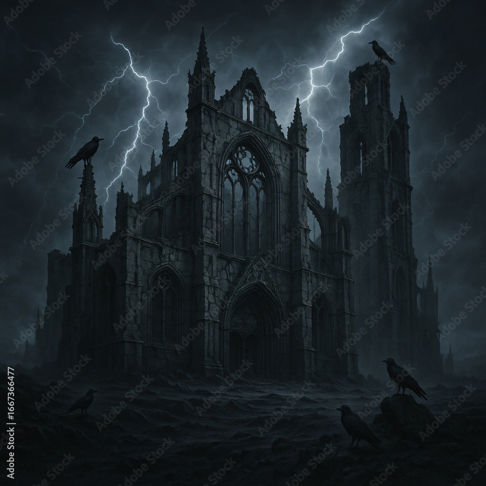 Obraz premium Monumental gothic cathedral ruins standing in blackened wasteland under stormy sky