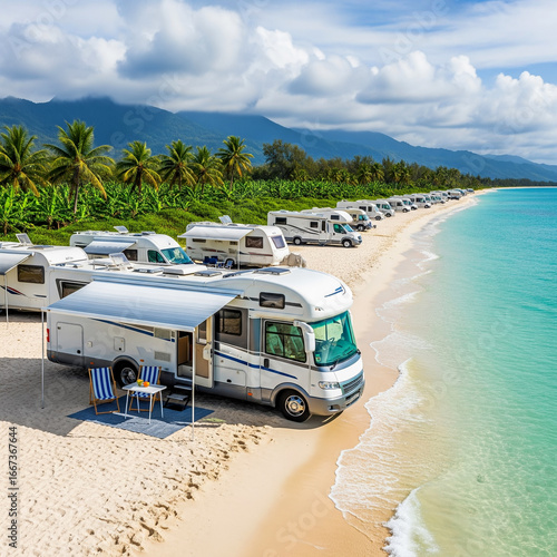 RVs parked at tropical beach campsite by turquoise sea. Motorhomes amd caravanes among palm trees and and banana trees vegetation against a distant mountains under cloudy sky. AI-Generated