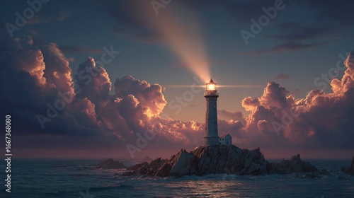 Lighthouse on rocky islet at sunrise