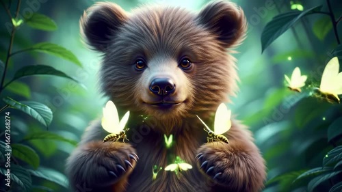 Cute Bear Cub Interacting with Fireflies in Forest Scene