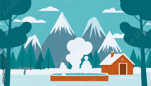 Hot springs steaming in winter mountains